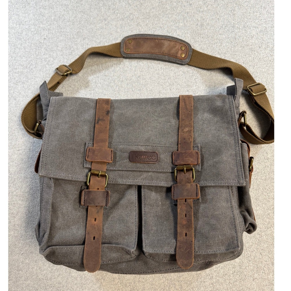 Kattee Canvas Leather Messenger Bag Laptop Briefcase Satchel Brown Gray Work
